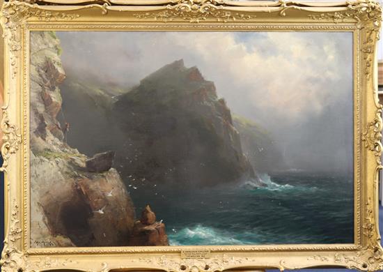 James H C Millar (exh.1884-1903) In the Highlands - clearing after the rain and A Perilous Calling - getting seabirds eggs on the Cor